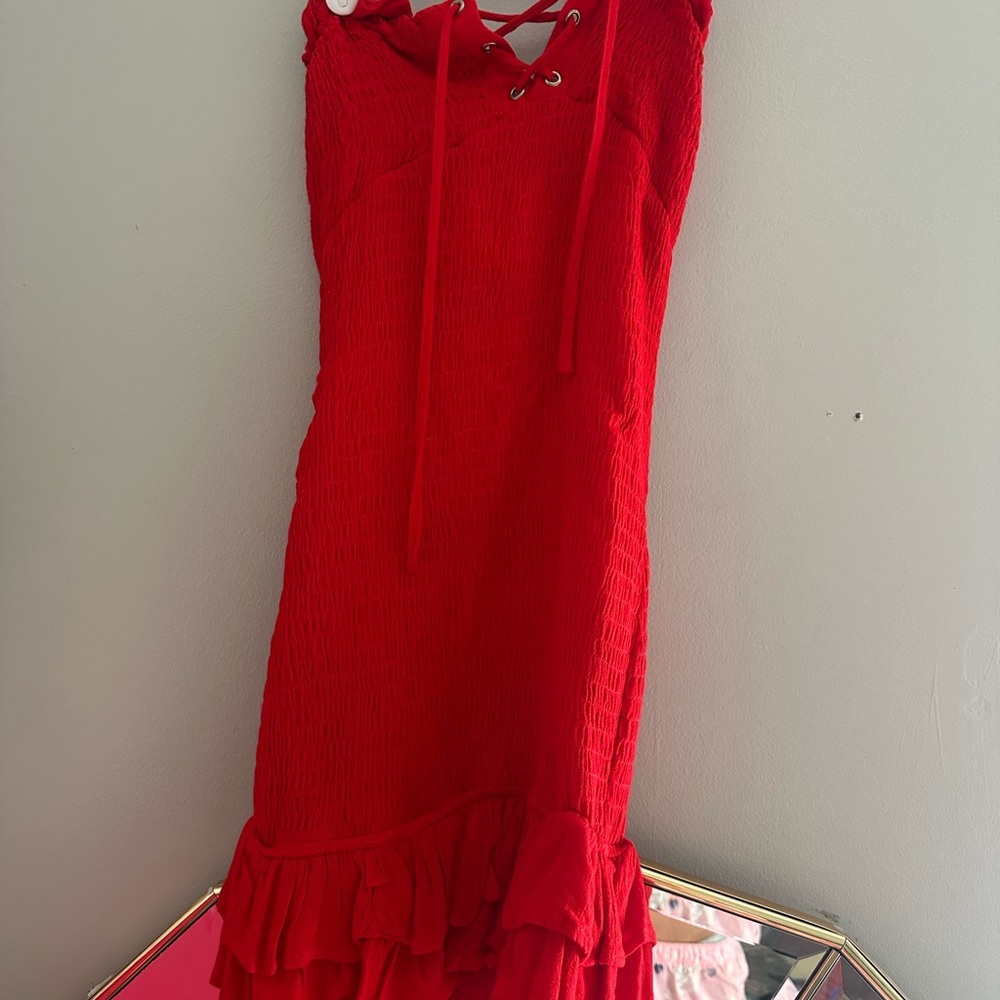 Elegant Red Lace-Up Dress with Ruffles
